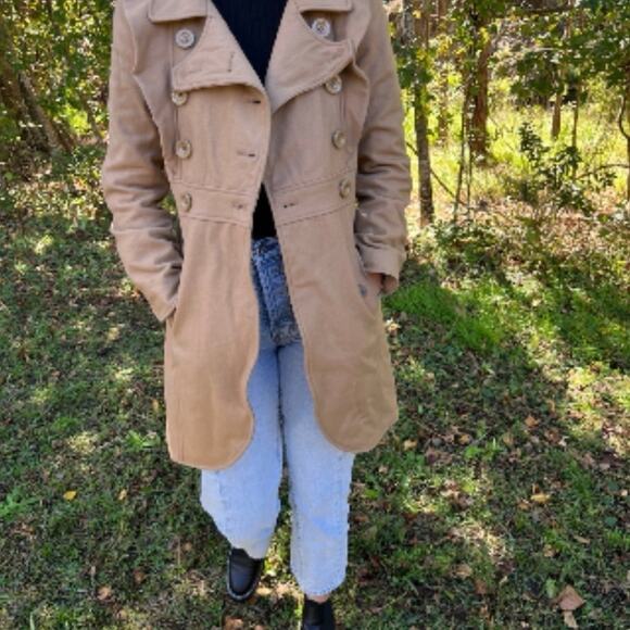 Tibi Women’s 4 Camel Wool Pea Coat Ruffle Detail Button Designer Jacket - Picture 5 of 7